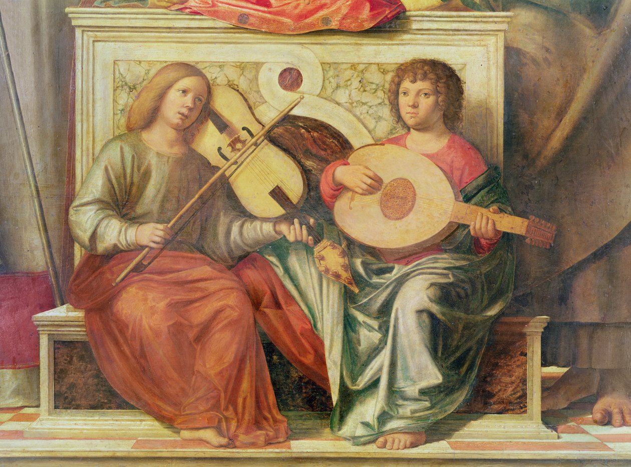 Detalje af englemusikere fra et maleri af Jomfru og helgener, 1496-99 af Giovanni Battista Cima da Conegliano