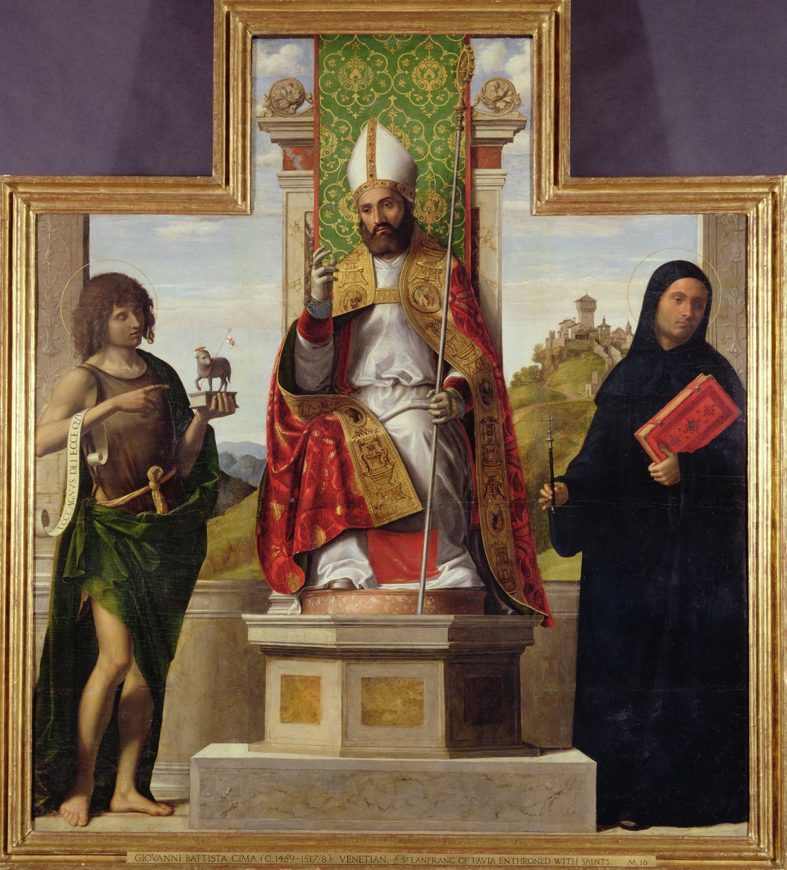 Lanfranc af Pavia troner mellem Johannes Døberen og Liberius, ca.1515-16 af Giovanni Battista Cima da Conegliano