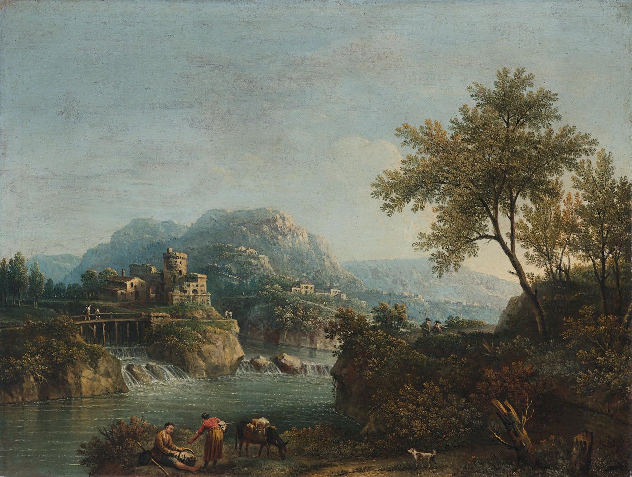 Flodlandskab med figurer og et æsel af Giovanni Battista Cimaroli
