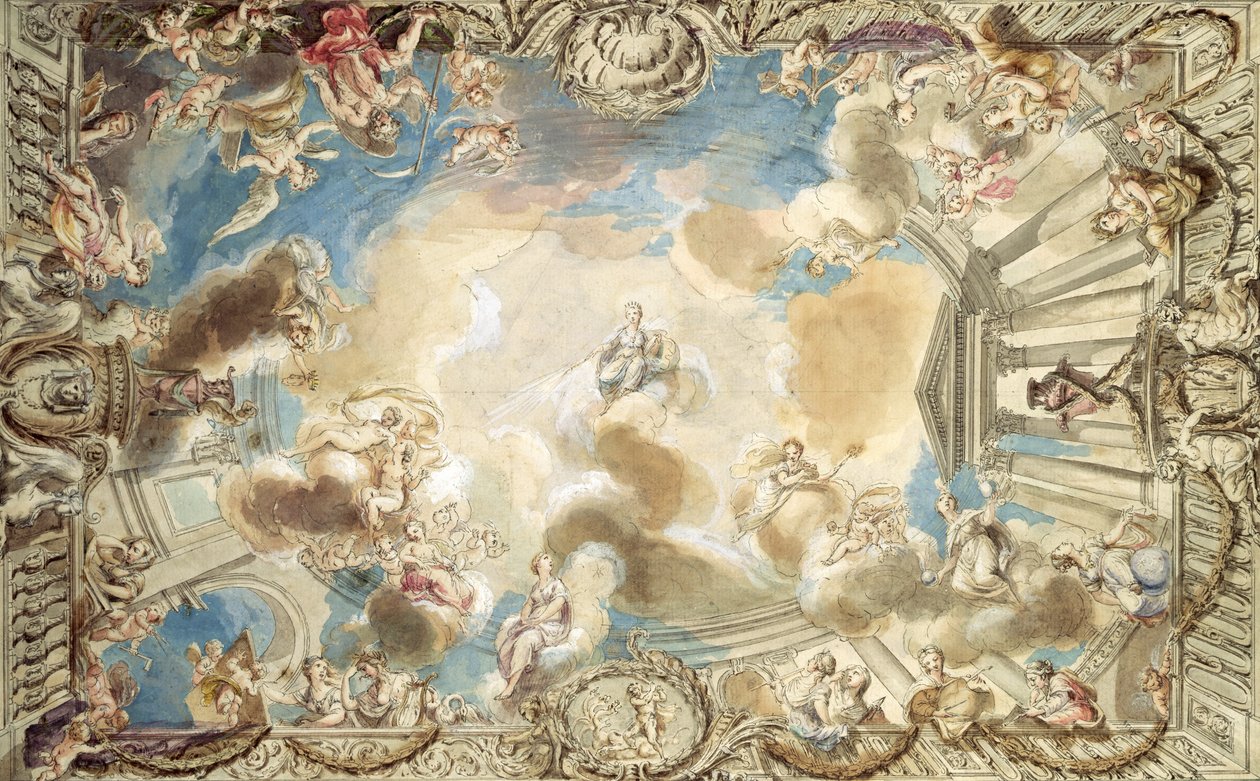 Design til et loft, der forestiller Minerva, der er leder af kunsten (pen og blæk og wc på papir) af Giovanni Battista Cipriani