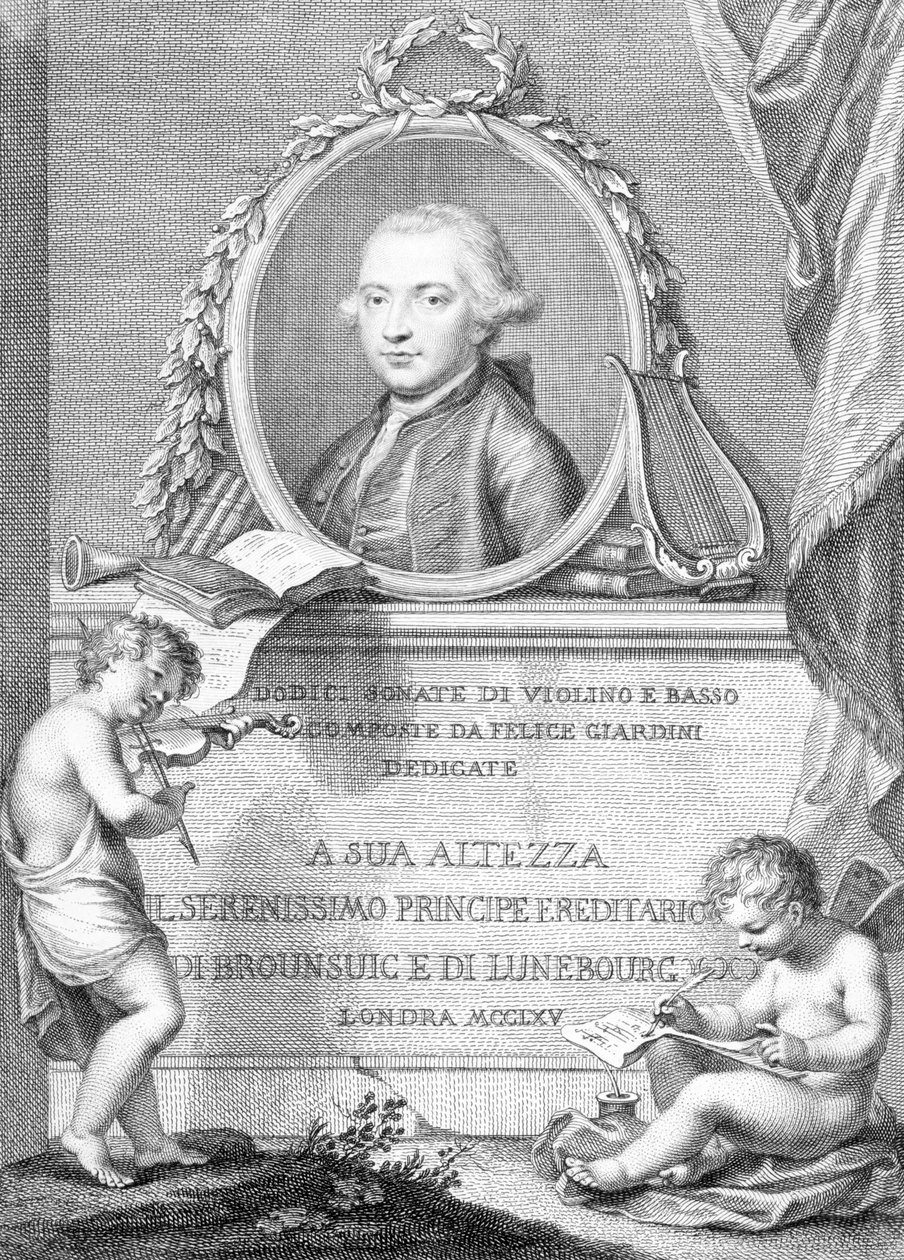 Nodecover med et portræt af Felice Giardini, indgraveret af Francesco Bartolozzi af Giovanni Battista Cipriani