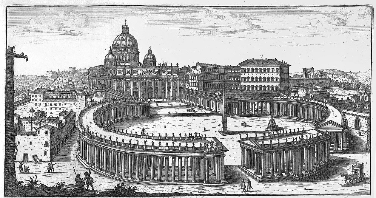 Berninis oprindelige plan for Peterspladsen, Rom af Giovanni Battista Falda