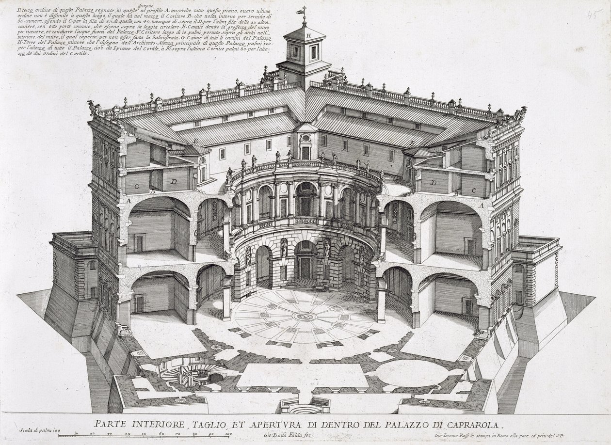 Tværsnit af Villa Caprarola, Bagnaia af Giovanni Battista Falda