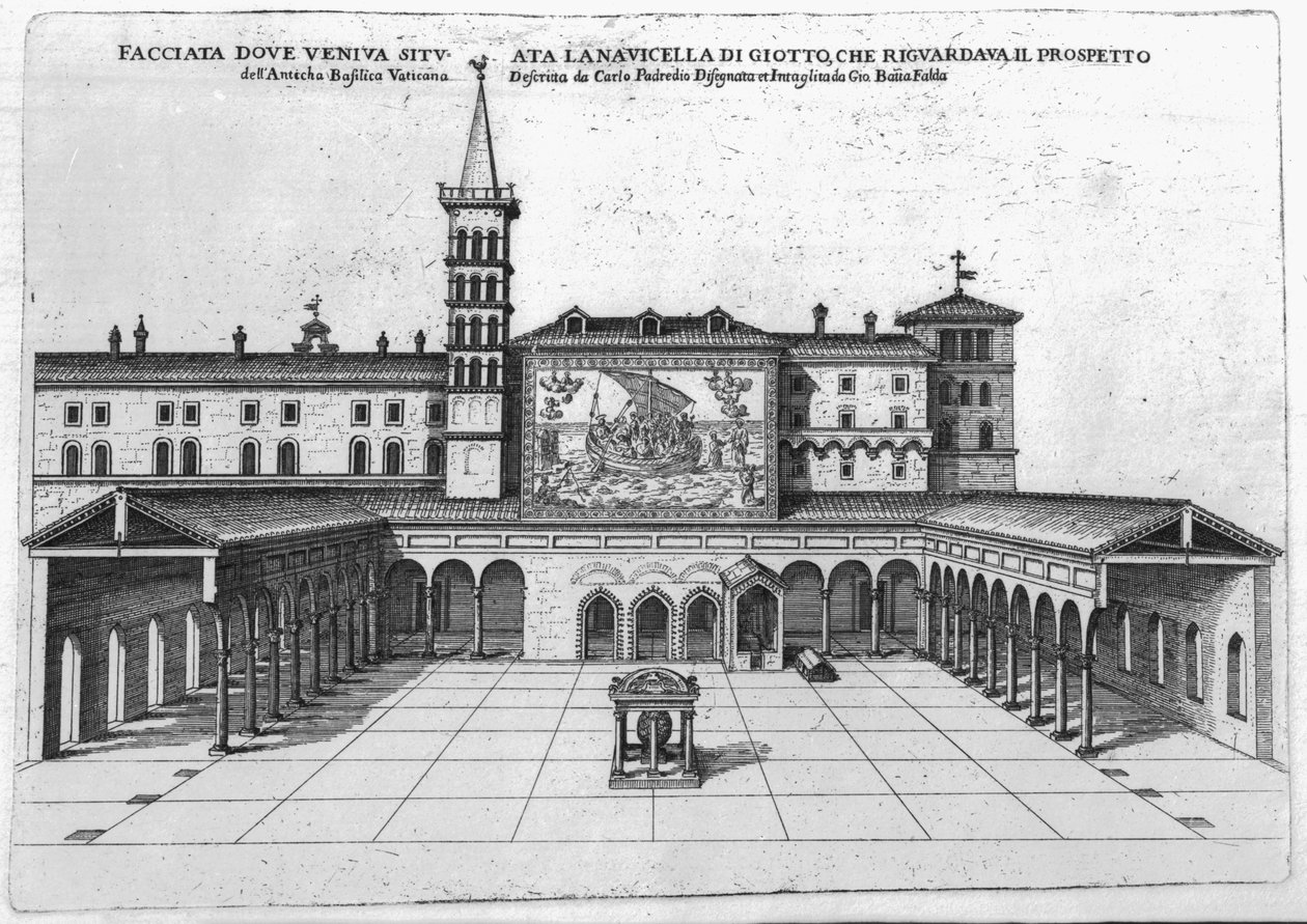 Benediction Loggiaen i den gamle Vatikanbasilika med udsigt over Giottos mosaik af Giovanni Battista Falda