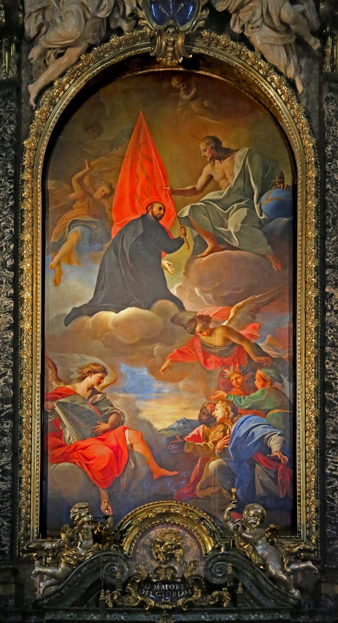 Maleri af en helgen med Kristus, engle og tilbedere af Giovanni Battista Gaulli