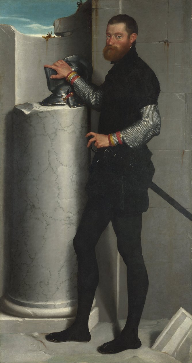 Portræt af en herre med sin hjelm på et søjleskaft af Giovanni Battista Moroni