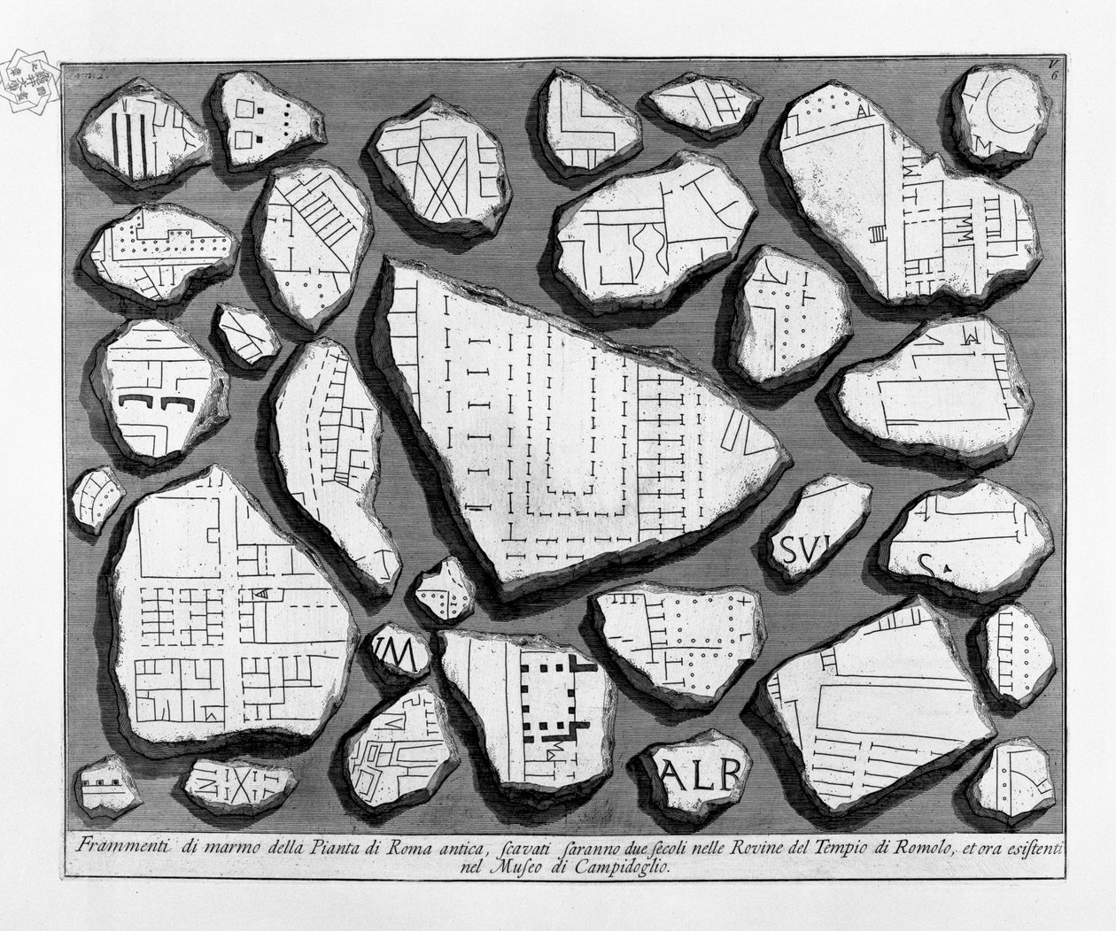 Marmorfragmenter af det gamle Roms plan af Giovanni Battista Piranesi