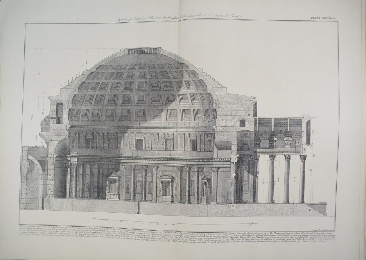 LXXVIII-IX Længdesnit af Pantheon, der viser kuplen, portikken og det indre af templet fra 
