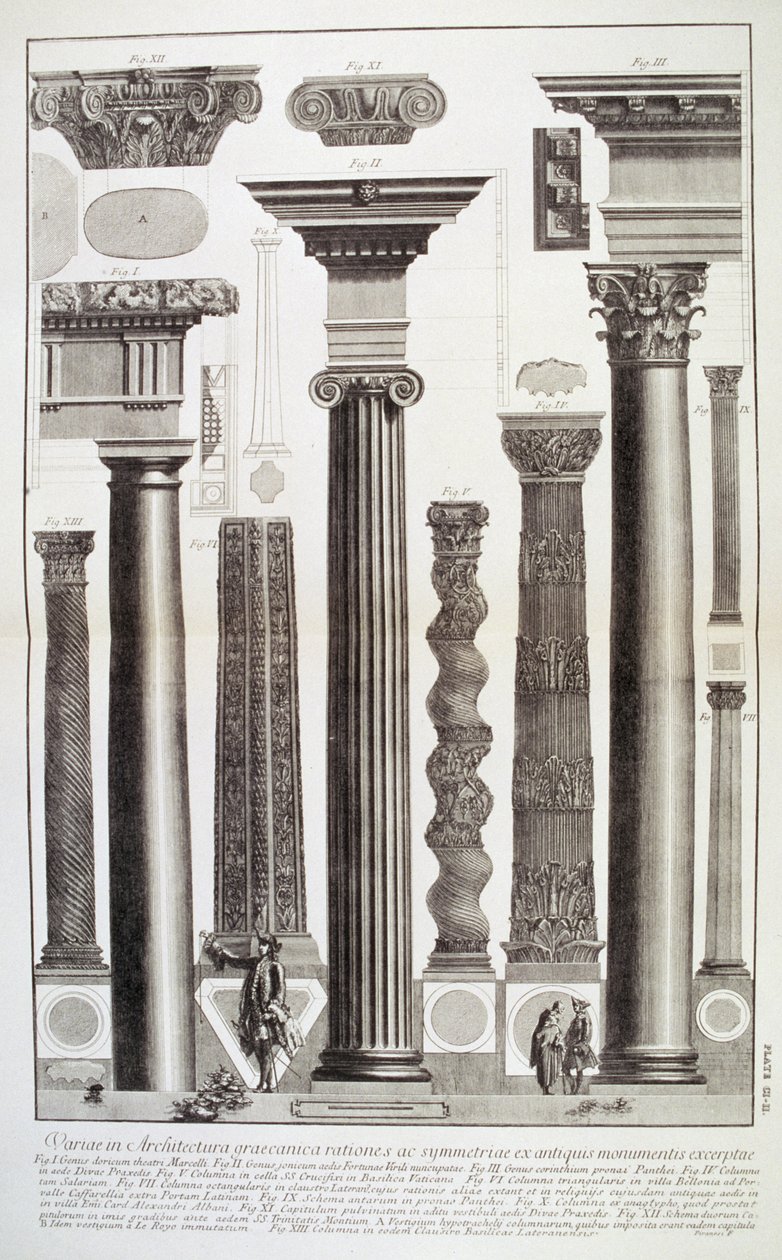 Plade CI-II Variations in Greek Architecture, der viser en tabel med søjler fra antikkens monumenter fra 