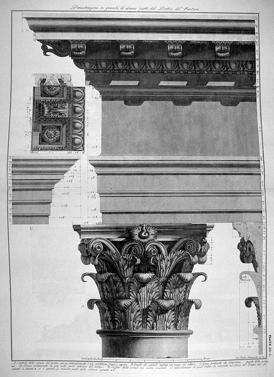 Plade XC-I Stor skala Illustration af en detalje af Pantheonets portik fra Vedute, først udgivet i 1756, pub. af E. & F.N Spon Ltd., 1900 af Giovanni Battista Piranesi