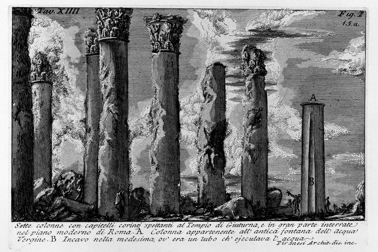 Syv kolonner med korintiske hovedstæder, der tilhører Juturna -templet, og for det meste begravet i den moderne plan for Rom af Giovanni Battista Piranesi