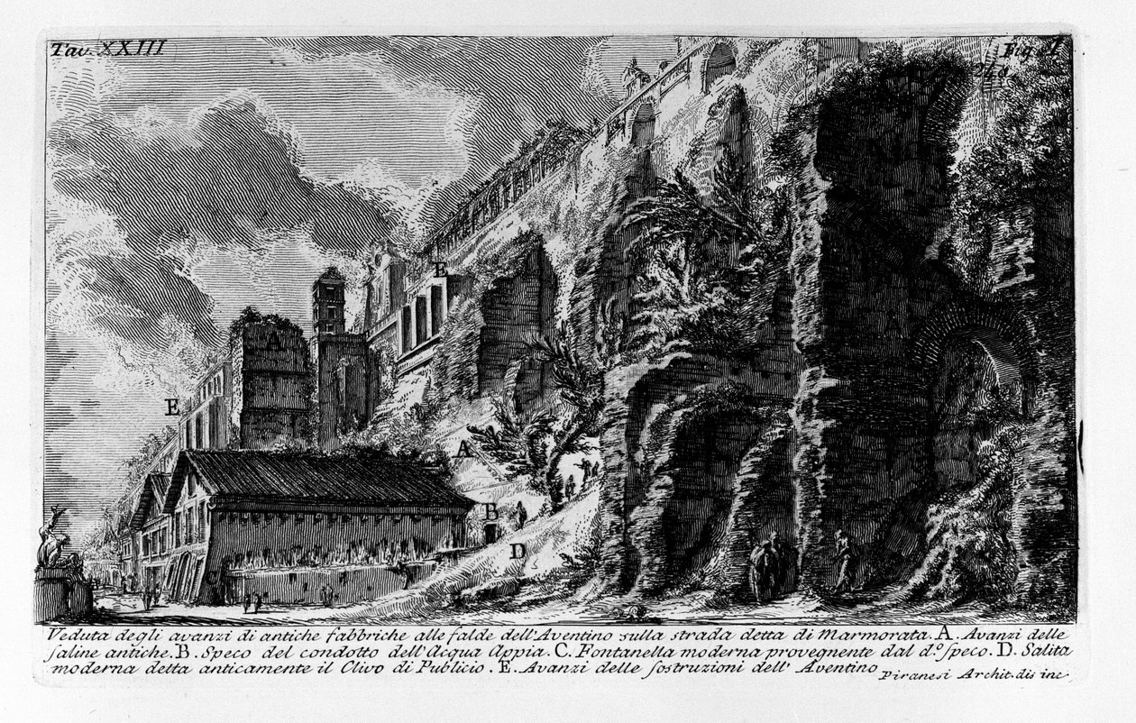 Udsigt over resterne af gamle fabrikker på skråningerne af Aventino på vejen kendt som Marmorata af Giovanni Battista Piranesi