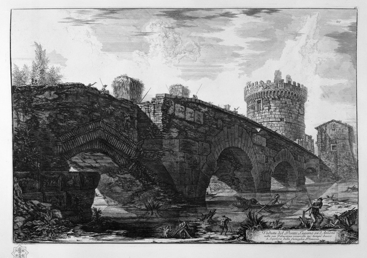 Udsigt over Lugano -broen over Anione i via Tiburtina kompenseres i de lave templer af Giovanni Battista Piranesi