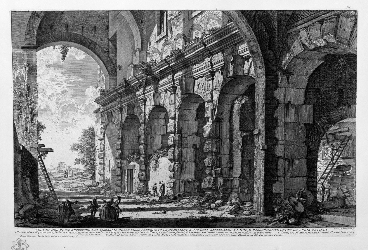 Udsigt over den øverste etage af seraglio delle fiere bygget af Domitian til brug for det flaviske amfiteater og almindeligvis kendt som Curia Ostilia af Giovanni Battista Piranesi