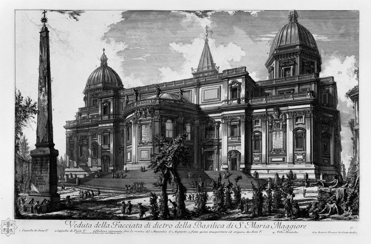 Udsigt over bagsiden af ​​basilikaen Santa Maria Maggiore Kapel i Sixtus V. Kapel af Paul V. Esquiline obelisk fundet blandt ruinerne af Mausoleum i Augustus, og havde der transporteret og opført af Sixtus V. Villa Montalto af Giovanni Battista Piranesi