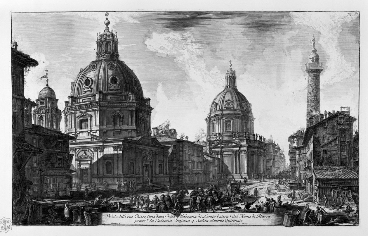 Udsigt over de to kirker. Kirken Santa Maria di Loreto Kirken Santissimo Nome di Maria Colonna Traiana. Stigning til Mount Quirinale af Giovanni Battista Piranesi