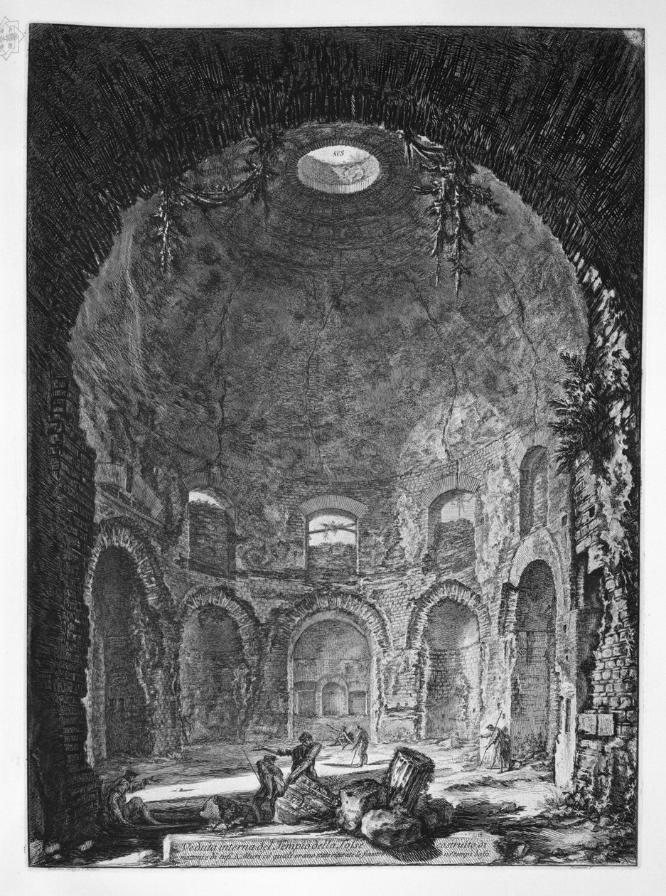 Indvendig udsigt over Tempio della Coosse bygget af mursten og tuffer af Giovanni Battista Piranesi
