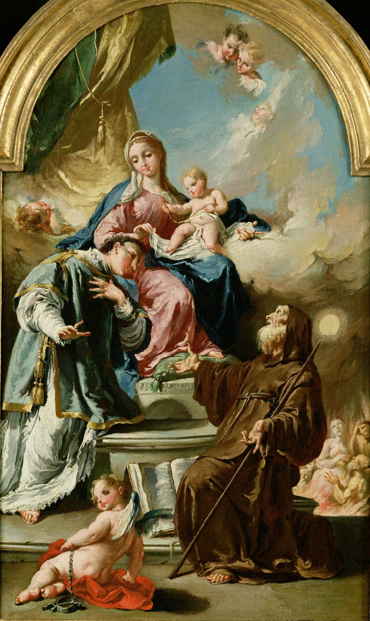 Madonna og barn på tronen med den hellige Leonard og den hellige Frans af Paola af Giovanni Battista Pittoni