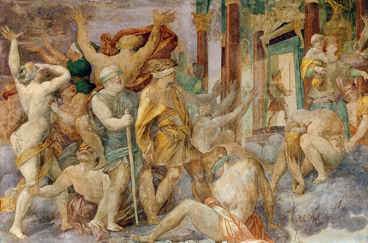 Frans I driver lasterne ud og går ind i Jupiters tempel, ca. 1522-40 af Giovanni Battista Rosso Fiorentino