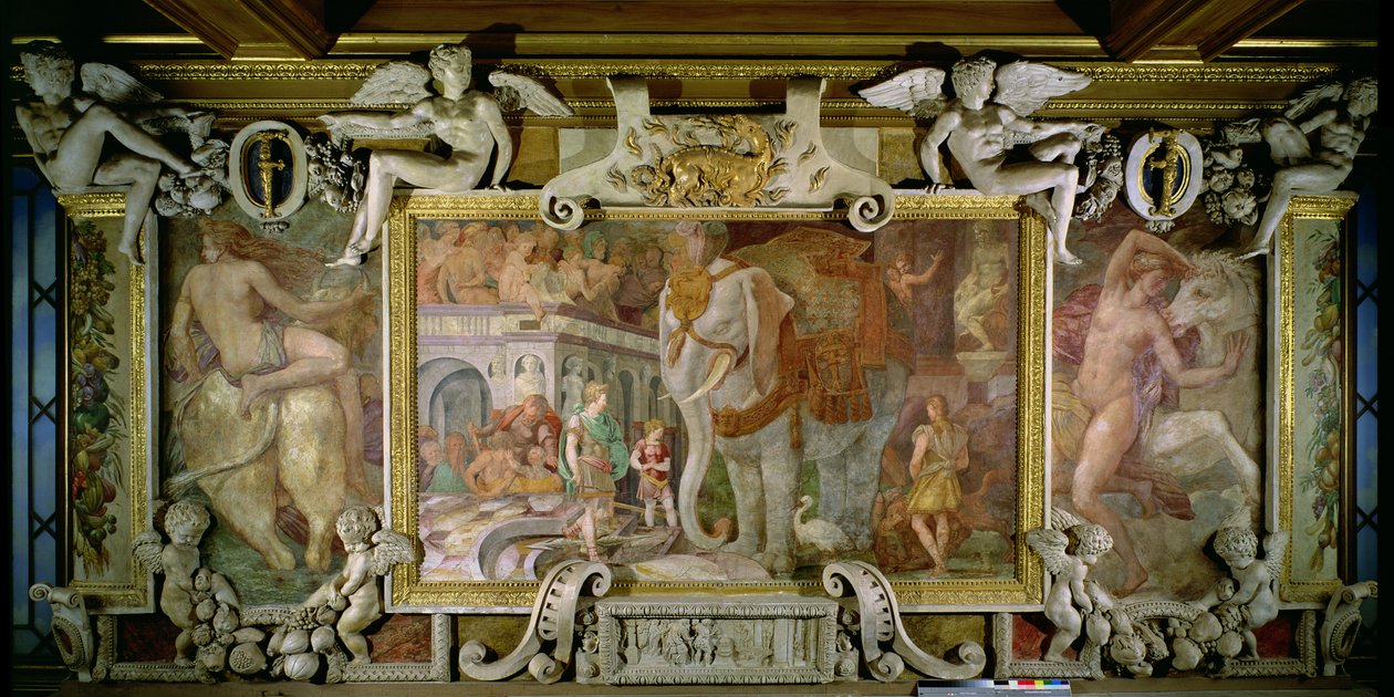 The Triumphal Elephant, en allegorisk hyldest til Frans I, detalje af dekorativt skema i Francis I