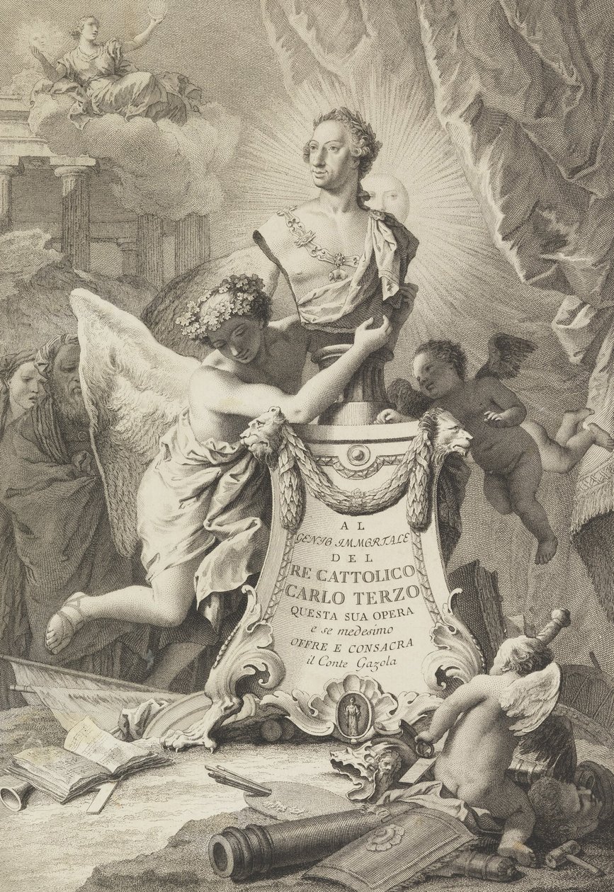 Dedikationsside til Charles III af Spanien og de to Sicilier, frontispice til Paolantonio Paoli, Ro ... af Giovanni Battista Tiepolo
