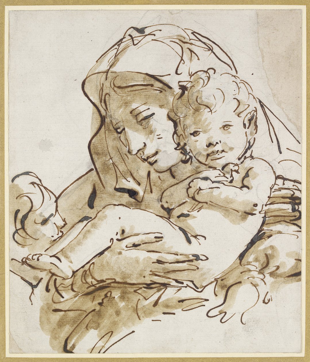 Jomfruen og barnet med spædbarnet St. John (pen og brunt blæk med brun vask over sort kridt på hvidt papir) af Giovanni Battista Tiepolo