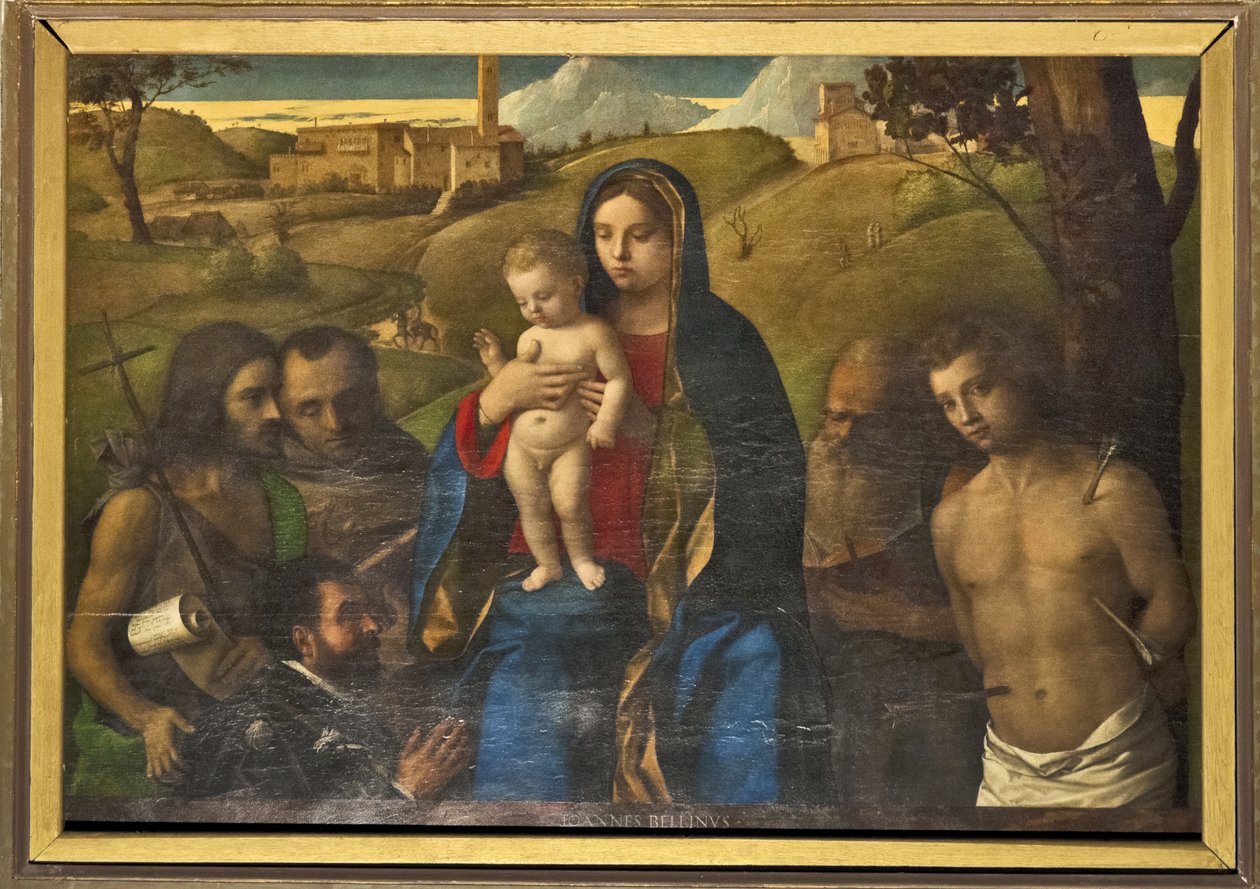 Madonna og barn med fire hellige (Johannes Døberen, Francis, Jerome og Sebastian (venstre til højre)) og donator af Giovanni Bellini