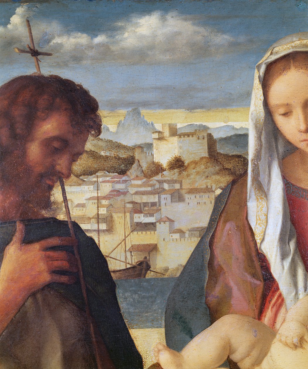 Madonna og barn med Skt. Johannes Døberen og en hellig, detalje af baggrundsbyen ved vandet, ca. 1504 (detalje af 61025) af Giovanni Bellini