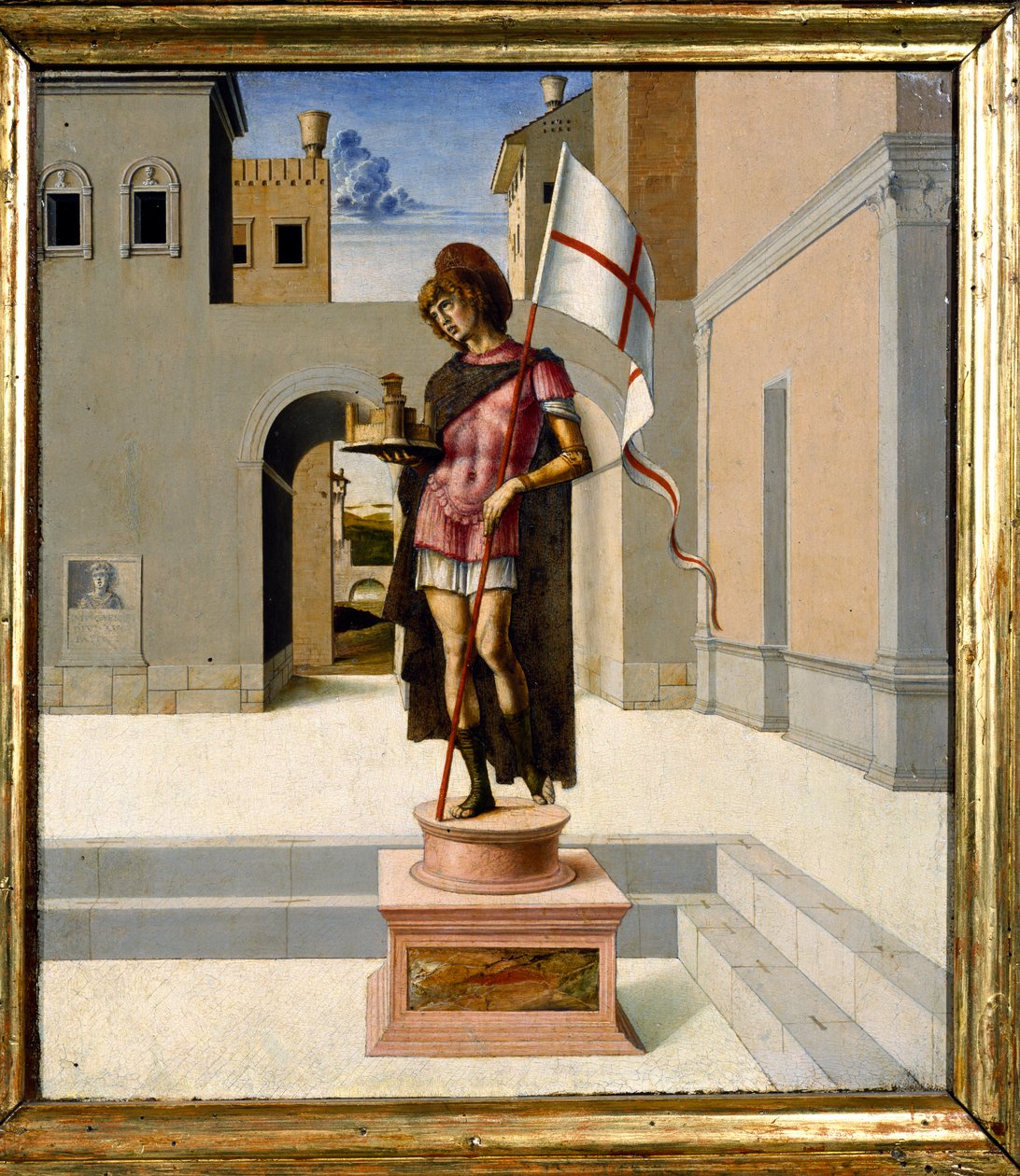 St. George afbildet som en polykrom statue på et bytorv, predella (panel) (se også 85578) af Giovanni Bellini