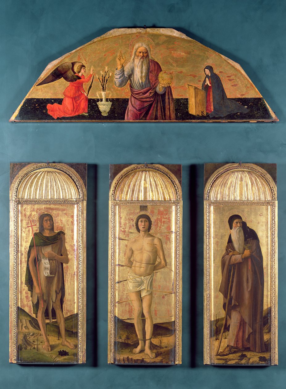 Sankt Sebastian mellem Sankt Johannes Døberen og Sankt Antonius Abbed, i lunetten Eternity and the Annunciation (tempera og bladguld på panel) af Giovanni Bellini