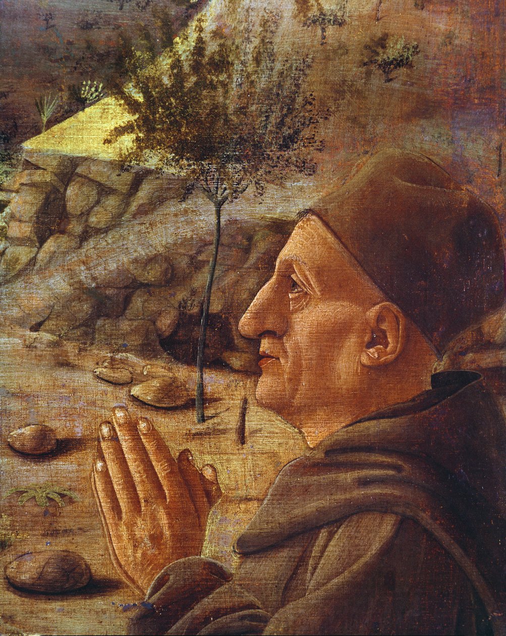 Korsfæstelsesdetaljen af protektorens hoved olie på panel af Giovanni Bellini