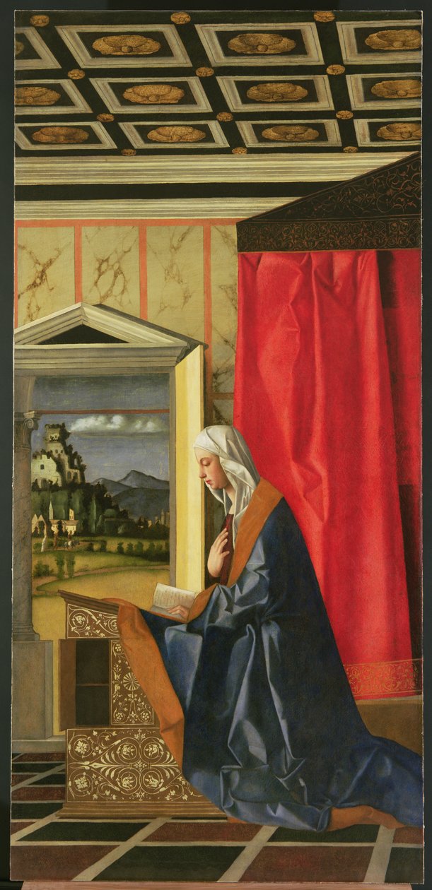 Jomfru Maria, fra Diptykonen Bebudelsen (efter 1998 restaurering) af Giovanni Bellini