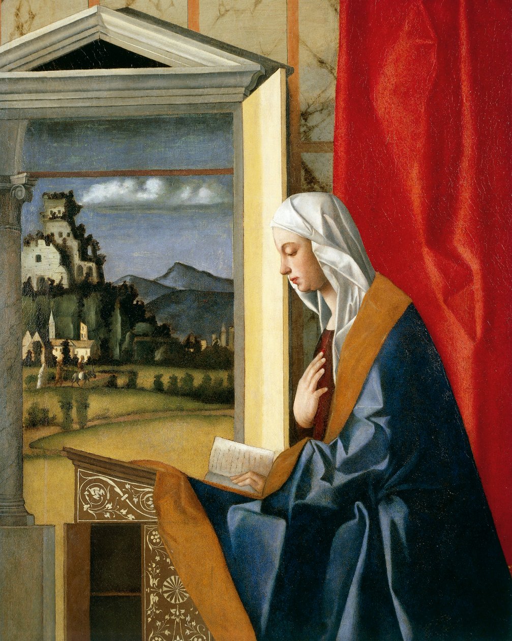 Bebudelsens Jomfru, fra Bebudelsens diptykon, ca. 1500 (restaurering efter 1998) af Giovanni Bellini