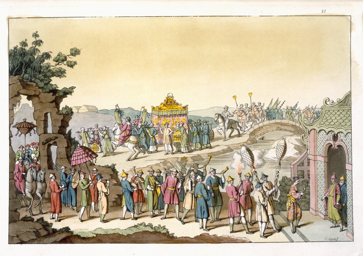 Procession til et taoistisk traditionelt bryllup, illustration fra "Le Costume Ancien et Moderne" af Giulio Ferrario, udgivet omkring 1820-30