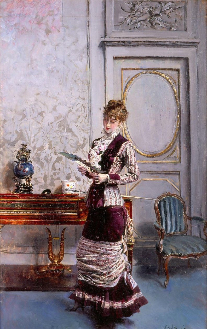 Lady Beundrer en Fann Polish: Berthe, kigger på blæseren Espanol: Berthe che guarda un ventaglion af Giovanni Boldini