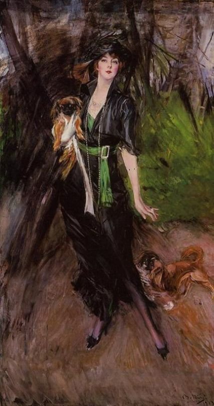 Portræt af Lady Lina Bilitis med to Pekinesen Deutsch: Portrat der Lady Lina Bilitis mit zwei Pekingesenn af Giovanni Boldini