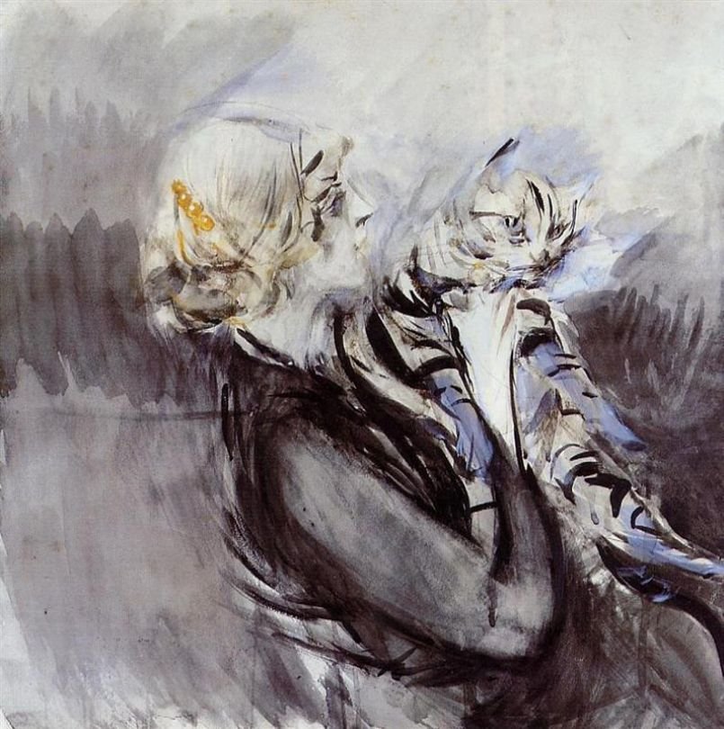 Damen med en kat Deutsch: Frau mit Katzen Polski: Kvinde i kat af Giovanni Boldini