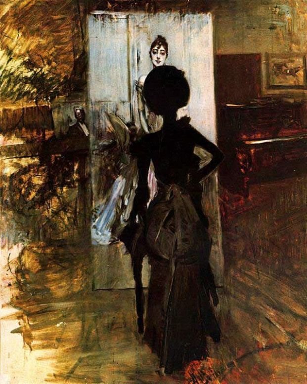  Woman in Black who Watches the Pastel of Signora Emiliana Concha de OssanDeutsch: Frau in Schwarz, die auf das Pastellbild von Signora Emiliana Concha de Ossa schautnPolski: Kobieta w czerni, patrzaca na pastel signory Emiliany Concha de Ossyn af Giovanni Boldini
