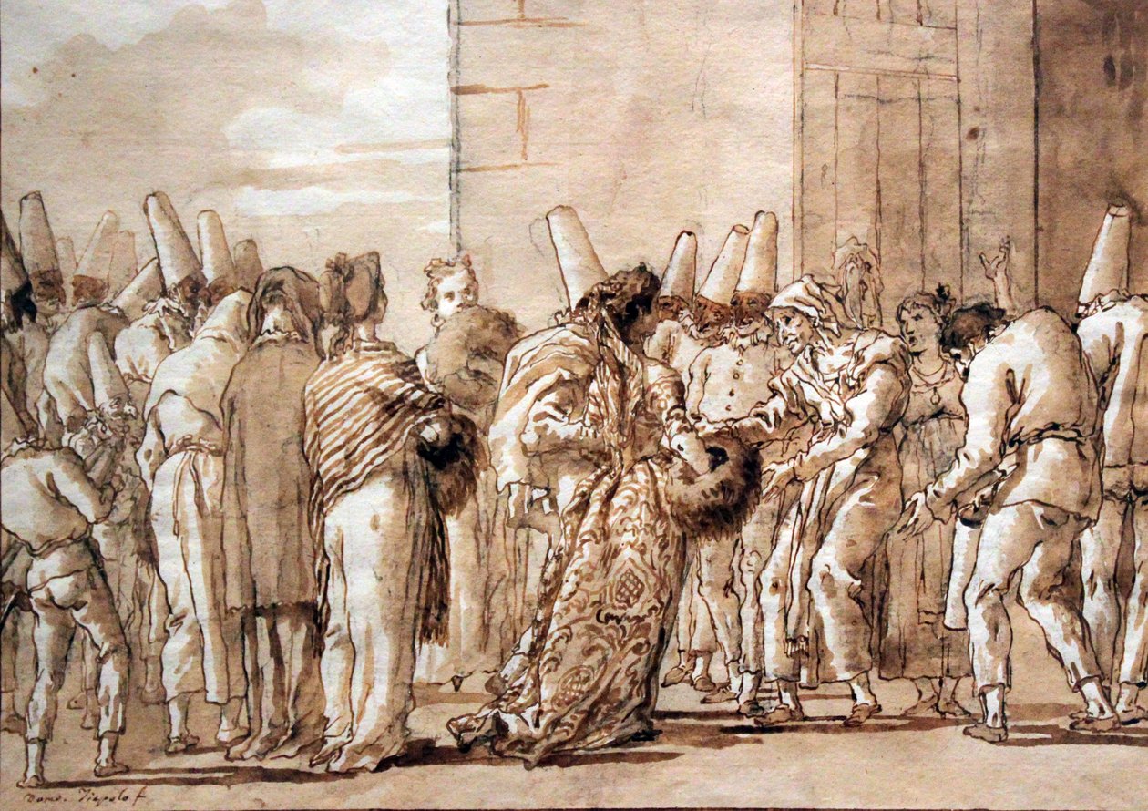Pulcinellas far leder sin brud hjem af Giovanni Domenico Tiepolo