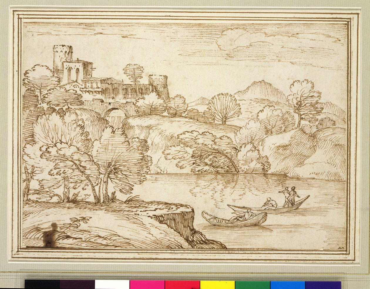 Klassisk landskab med både på en sø under et slot (sort kridt, pen og brunt blæk på papir) af Giovanni F. Grimaldi