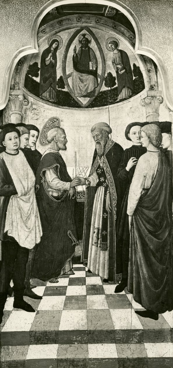 Cyklus af Jomfruens liv, Jomfruens indvielse i templet, ca.1445 olie på poppeltræ, sort foto af Giovanni Francesco da Rimini