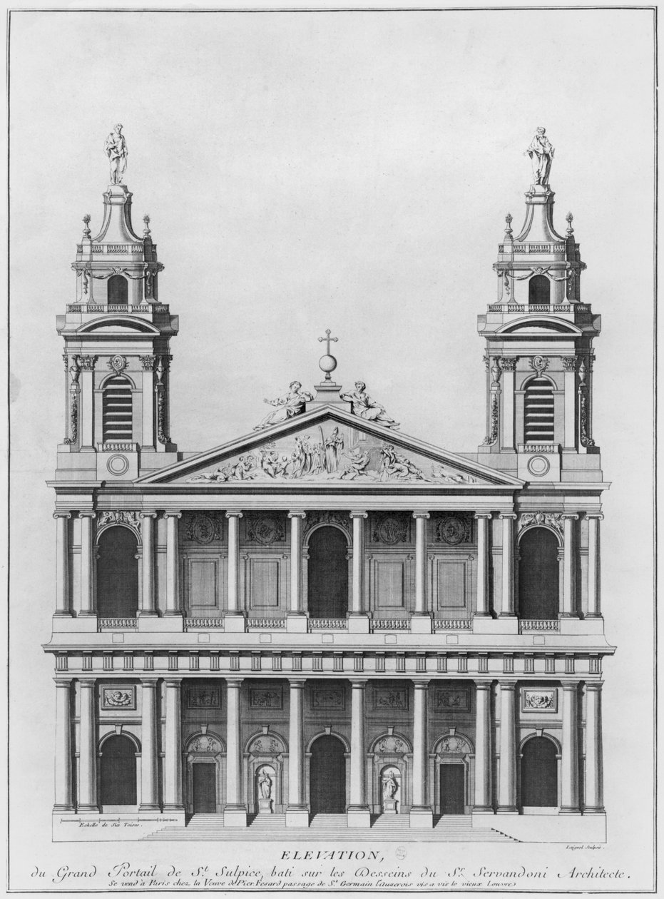 Church of Saint-Sulpice, forhøjning af facaden, Paris, indgraveret af Loignel eller Laignel af Giovanni Niccolo Servandoni