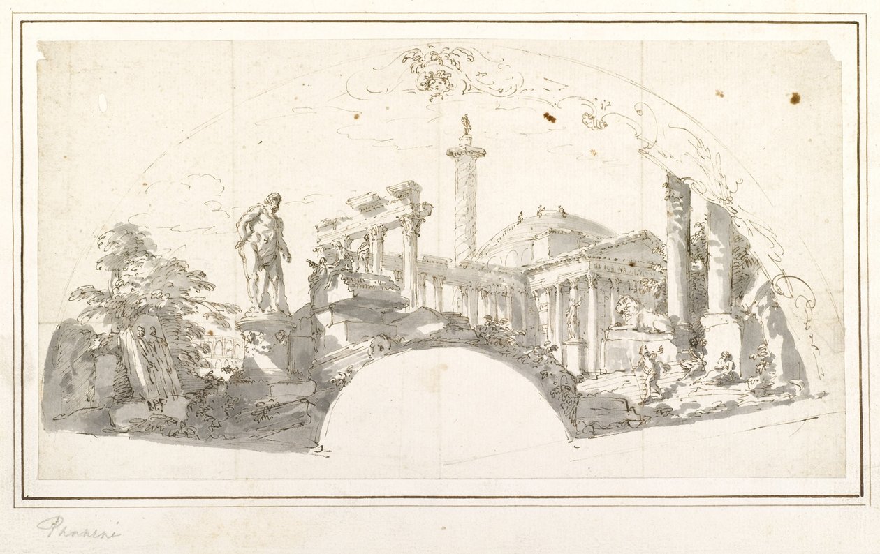 Design til en fan- Capriccio med romerske ruiner og Farnese Hercules af Giovanni Paolo Pannini