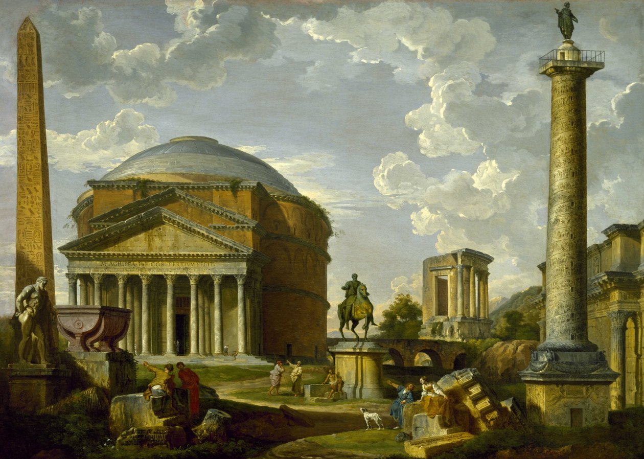 Fantasiudsigt med Pantheon og andre monumenter fra det gamle Rom af Giovanni Paolo Pannini