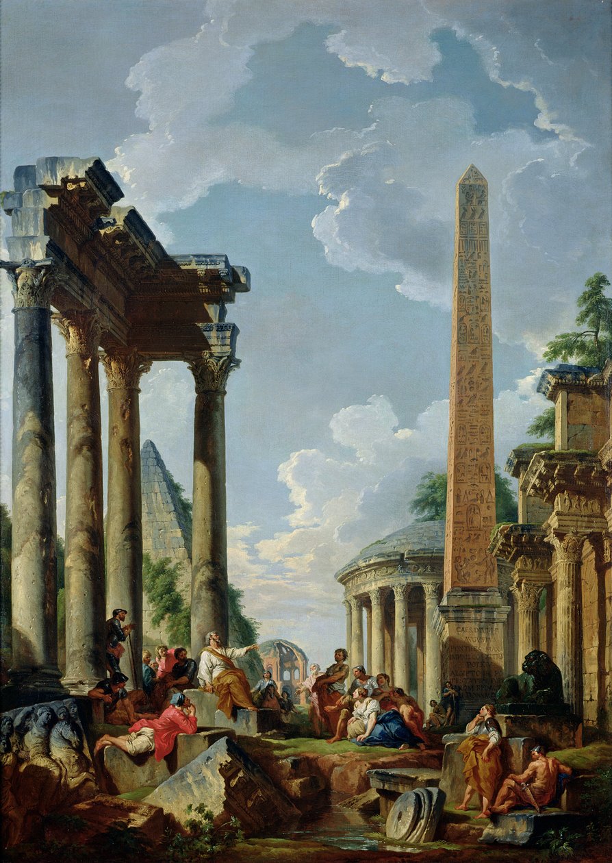 Arkitektonisk Capriccio med en prædikant i ruinerne, ca. 1745 af Giovanni Paolo Pannini