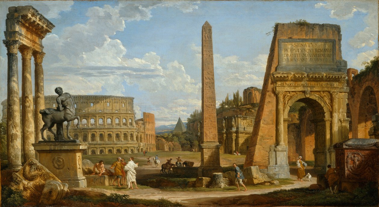 En Capriccio-udsigt over romerske ruiner, 1737 af Giovanni Paolo Pannini