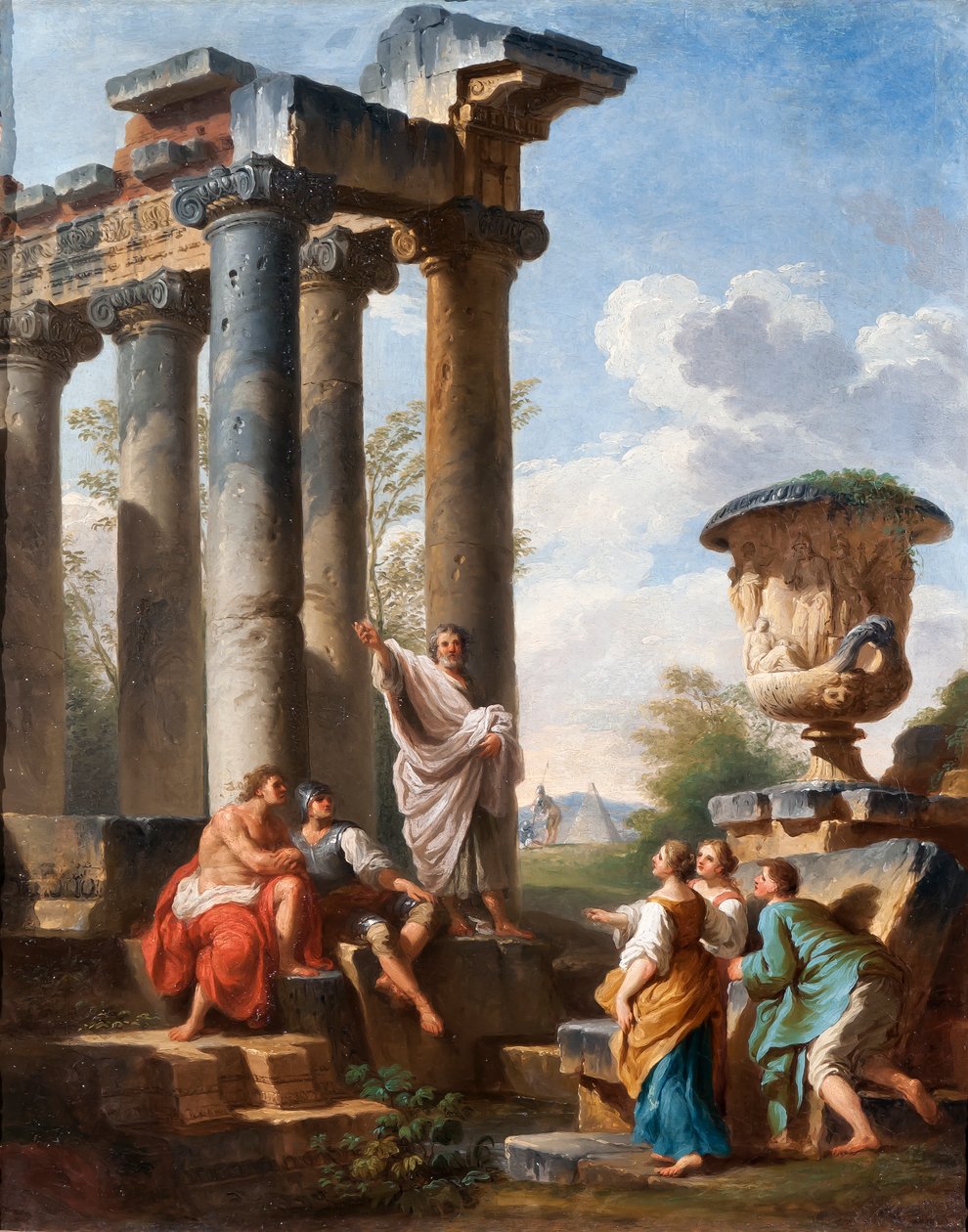 Capriccio med forkyndelsen af en helgen, Medici-vasen, et ødelagt tempel og Cestius-pyramiden, ca. 1745 af Giovanni Paolo Pannini