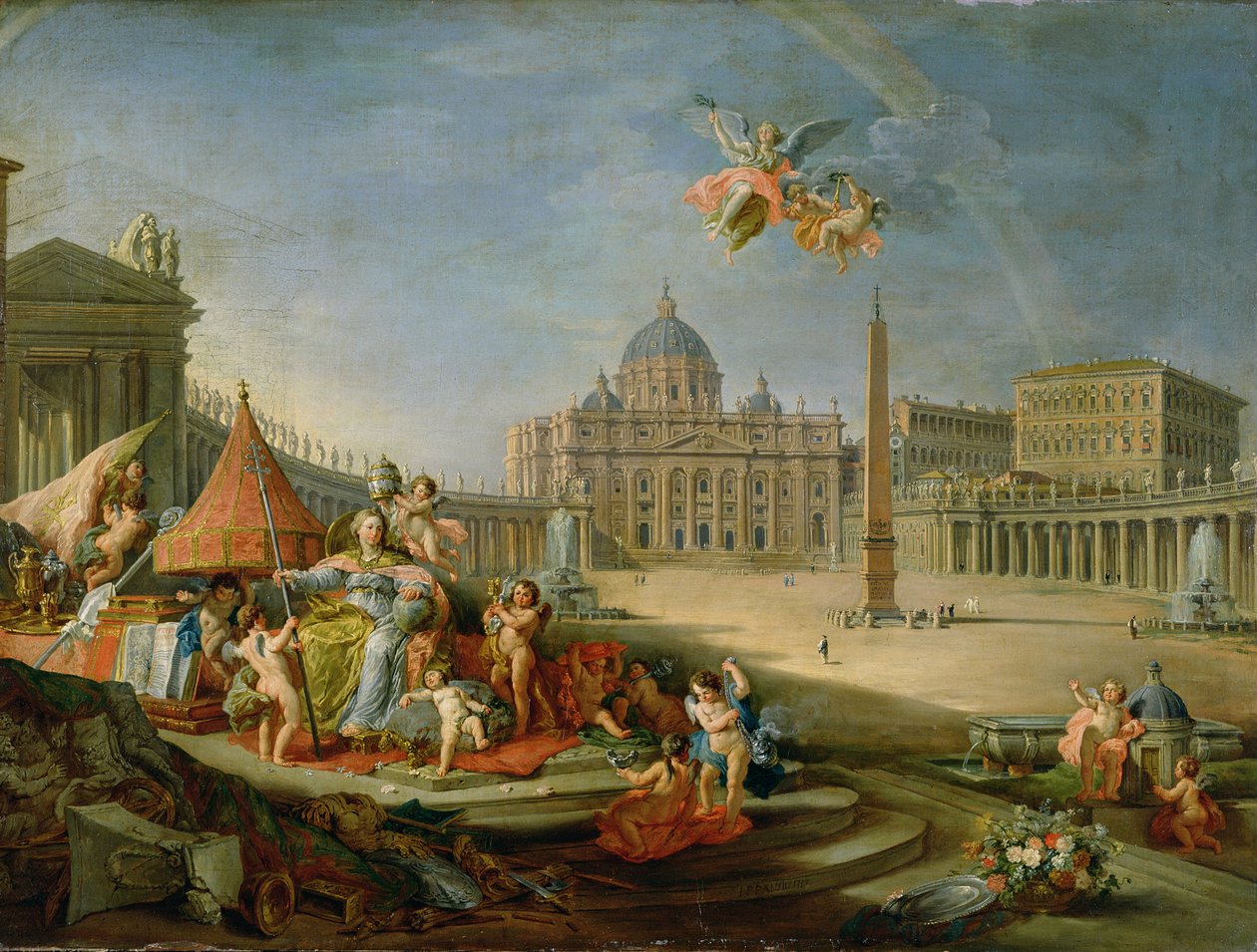 Piazza San Pietro, Rom med en allegori om pavedømmets triumf, 1757 af Giovanni Paolo Pannini
