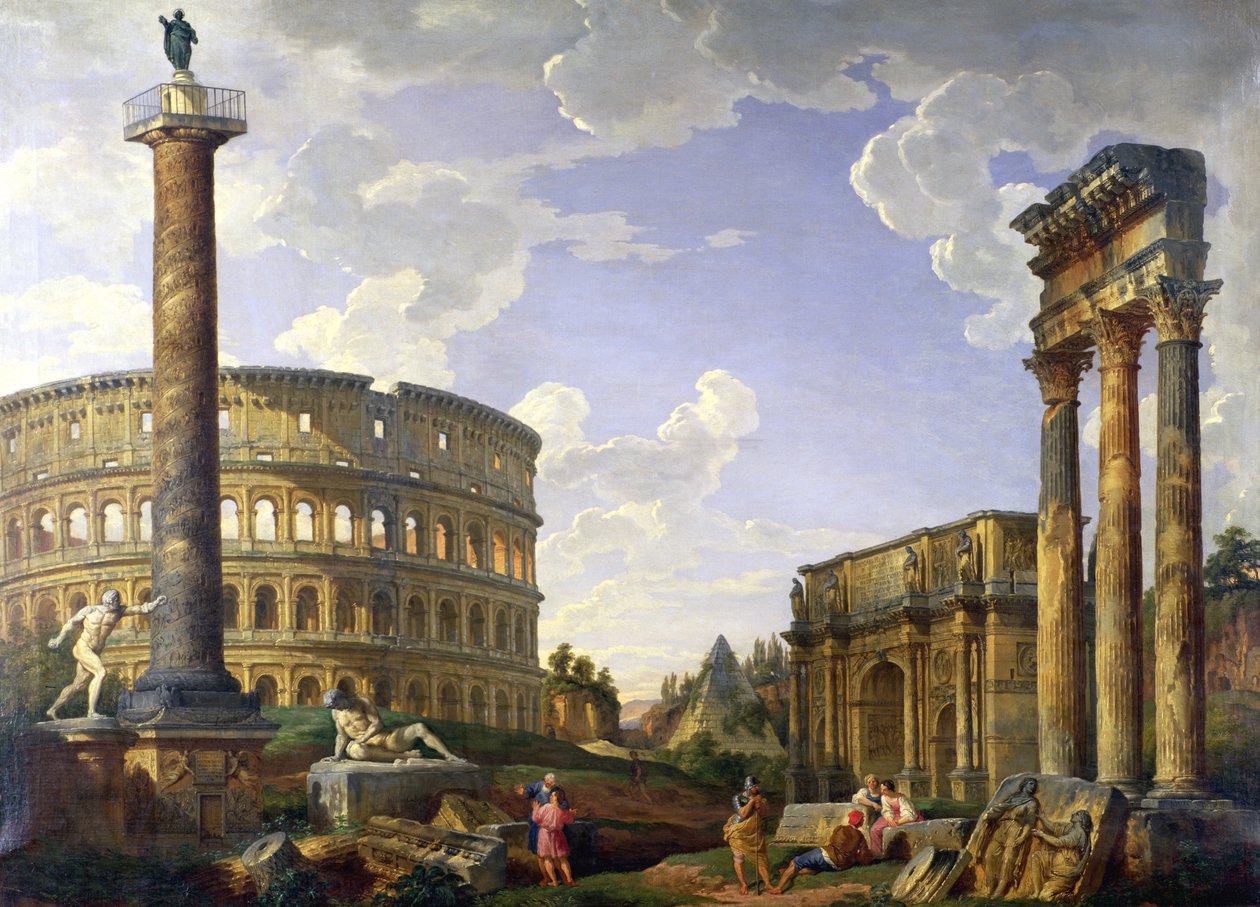 Roman Capriccio, der viser Colosseum, Borghese-krigeren, Trajans søjle, den døende galler, Cestius grav, Konstantins bue og Castor og Pollux-templet af Giovanni Paolo Pannini