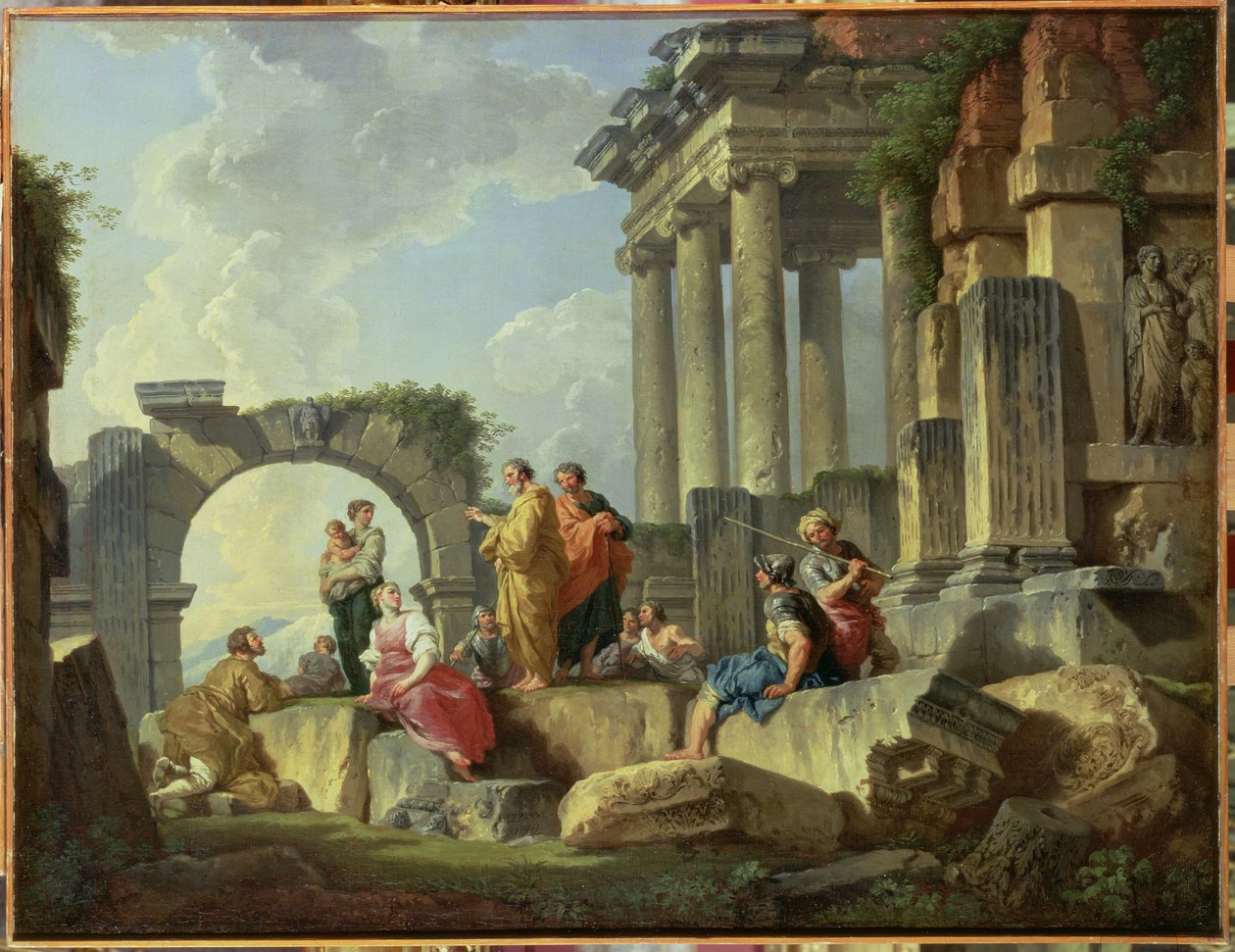 Ruiner med apostlen Paulus forkyndelse, 1744 af Giovanni Paolo Pannini